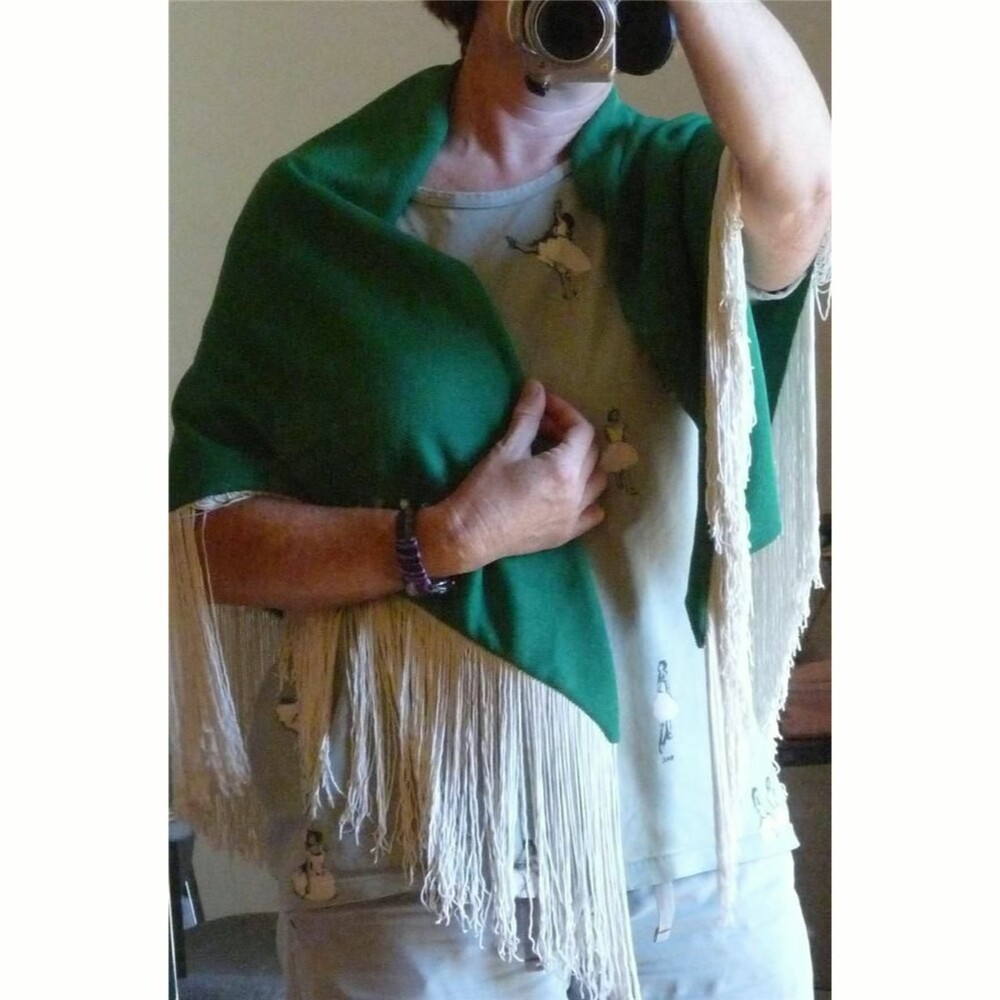 Vintage Kelly Green Long White Silk Fringe Shawl Wrap Dance or Halloween Costume